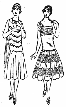 Gezeichnete Darstellung zweier junger Frauen in Ballkleidern