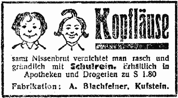 Max und Moritz Gesichter mit folgendem Text:Kopfläuse samt Nissenbrut vernichtet man rasch und gründlich mit "Schulrein". Historische Werbung.