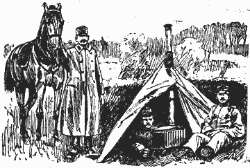 3 Männer in Soldatenuniform mit Pferd und einem Ofen unter einem Zelt.