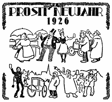 Figurengruppe, die das Glas zum Jahreswechsel erhebt. Prosit Neujahr 1926.