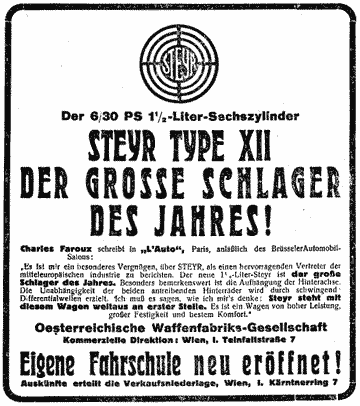 Werbung der Firma STEYR mit Logo und im Artikel angeführten Text.