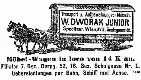 Kastenwagen mit Kutscher und Pferdegespann. Illustrierte Werbung für einen Möbelspediteur: "Möbel-Wagen in loco von 14 K an."