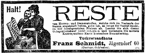 Mann, in Fauteuil sitzend, weist seine neben ihm stehende Frau auf eine Zeitungsreklame hin. Illustrierte Werbung für "Herren- und Damenstoffe" eines "Tuchversandhauses".