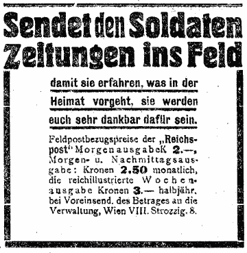 Patriotisch gefärbte Eigenwerbung mit Aufruf, den im Krieg befindlichen Soldaten Zeitungen zuzuschicken. Gesamter Text in obenstehendem Artikel angeführt.
