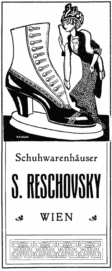 Junge modische Frau mit Hut, Stola und Monokel inspiziert auf Sockel stehenden Schuh in der Größe ihrer Statur. Illustrierte Werbung für "Schuhwarenhäuser Reschovsky, Wien."