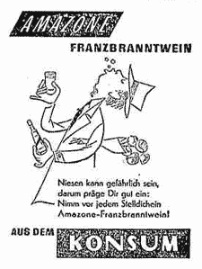 Mit Franzbranntwein gurgelnder Mann auf dem Weg zu einem Rendevouz. KONSUM Werbung.