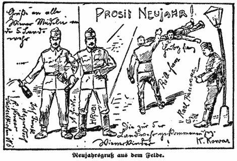 Betrunkene Soldaten wünschen Prosit Neujahr 1916!
