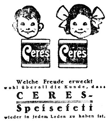 Illustrierte Werbung: Fröhlicher Buben- und Mädchenkopf über jeweils einem "CERES Speisefettwürfel".