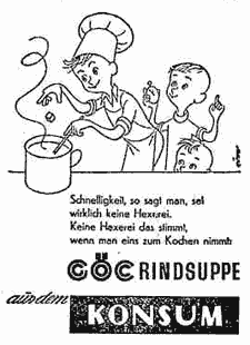 Fröhliche Kinder beim Kochen. Illustrierte Werbung für "GÖC Rindsuppenwürfel aus dem KONSUM."