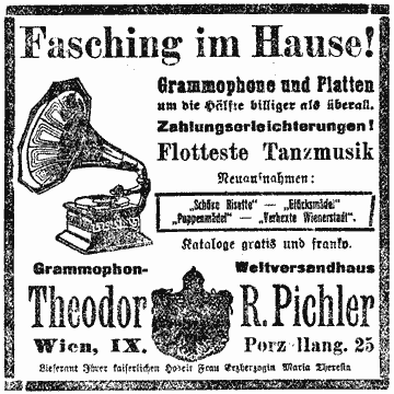 Illustrierte Werbung für das "Grammophon-Weltversandhaus von Theodor R. Pichler in Wien".