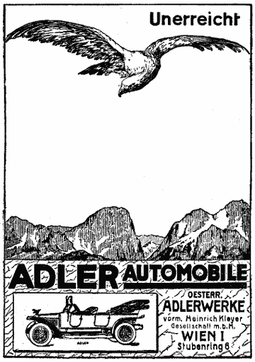 Illustrierte Werbung: Adler kreist über Bergmassiv und Straße mit einer Darstellung eines "Adler Automobils".