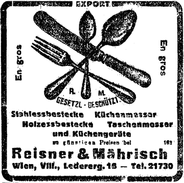 Essbesteckillustration. Werbung für "Reisner & Mährisch".