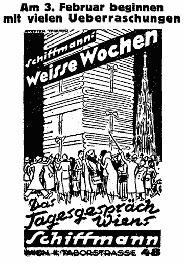 Eine aufgeregte Menschenmenge steht gestikulierend um einen Turm aus Wäsche in Form eines Wolkenkratzers. Im Hintergrund der Stephansdom. Illustrierte Werbung für "Schiffmann, Wien II, Taborstraße 48."