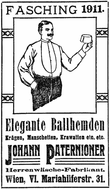 Mann in Abendkleidung hält einen Fes (Kopfbedeckung) in der Hand. Illustrierte Werbung für einen Herrenwäsche-Fabrikanten.
