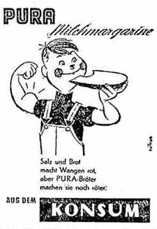Illustrierte Werbung: Bub mit roten Bäckchen hält glückstrahlend ein "PURA Milchmargarine" Brot hoch.