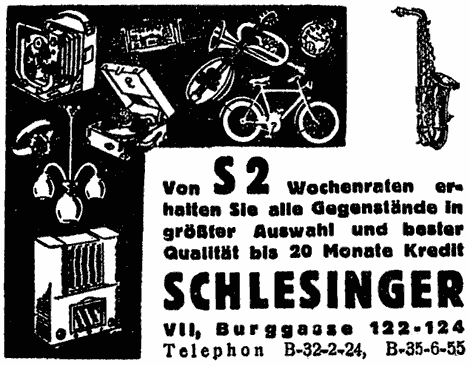 Illustrierte Werbung des Warenhauses "Schlesinger" mit Möglichkeit der Wochenratenzahlung.