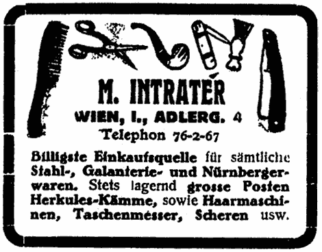 Illustration diverser Stahl- und Galanteriewaren. Werbung des Vertreibers M.Intrater, Wien I.
