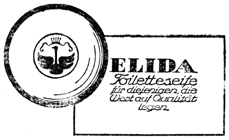 Stilisierter Seifenblock mit darübergelegtem kreisförmigem Logo von "ELIDA". Illustrierte Werbung für "ELIDA Toiletteseife".