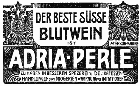 Illustrierte Werbung mit Doppeladlerwappen und dem Götterboten Merkur für den "Blutwein Adria-Perle".