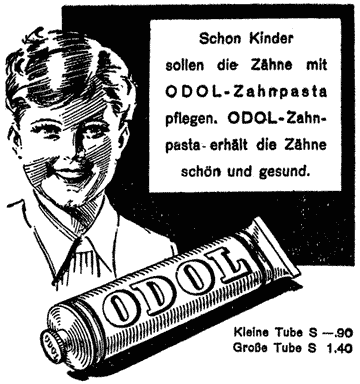 Überglücklich lächelnder Bub, ordentlich frisiert, mit geschlossenem Hemd und Pullover, im Vordergrund eine Tube "Odol-Zahnpasta". Illustrierte Werbung.