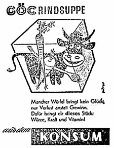 Fröhliche Kuh in einem Würfel mit übergroßem Suppengemüse. Illustrierte Werbung für "GÖC Rindsuppenwürfel aus dem KONSUM".