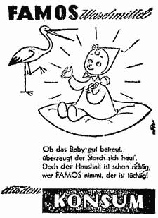Baby strahlt Storch an. Illustrierte Werbung für "FAMOS Waschmittel aus dem KONSUM".