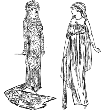 2 Frauen in Brautkleidern. Illustration.