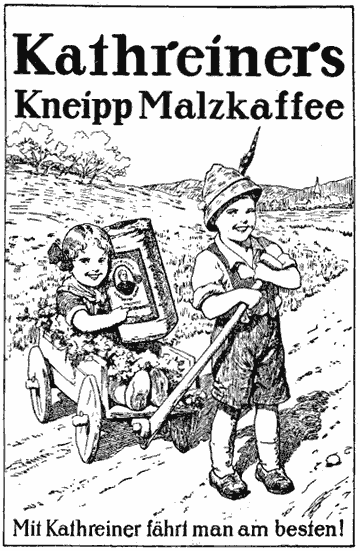 Mädchen sitzt im vom Buben gezogenen Leiterwagen und freut sich ganz fürchterlich über eine Riesenpackung "Kathreiners Kneipp Malzkaffee".