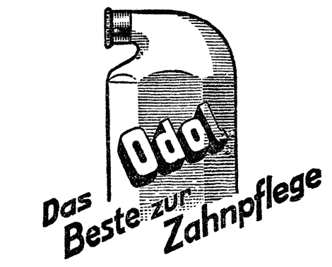 Illustrierte Werbung für "Odol": Die klassische Form der Odolflasche mit waagrecht liegendem Stöpselverschluß.