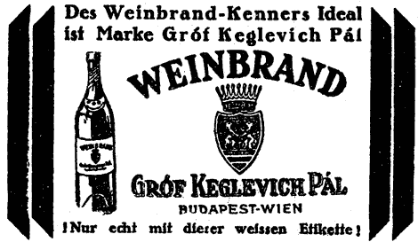 Illustrierte Alkohol-Werbung mit Flasche und Wappen des Herstellers "Gróf Keglevich Pál".