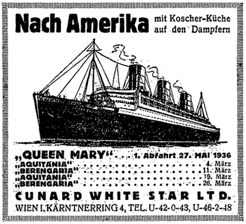 Illustration des Schiffes "Queen Mary" als Werbung für Amerikareisen.