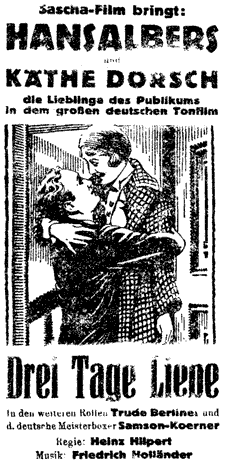 Illustrierte Werbung für den Film "3 Tage Liebe": Hans Albers und Käthe Dorsch umarmen sich.