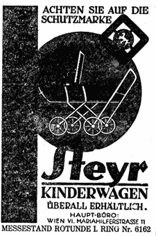 Illustrierte Werbung für "Steyr-Kinderwagen" mit einer grafischen Darstellung eines Kinderwagens.