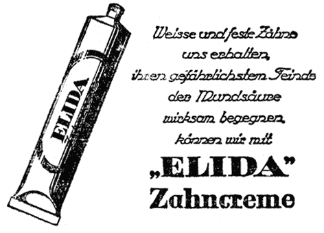 Mit einer Tube Zahnpasta illustrierte Werbung für "ELIDA Zahncreme".