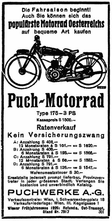 Illustration eines Motorrades. Werbung für  ein "Puch-Motorrad der Type 175 mit 3 PS."