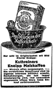 Eine Packung "Kathreiners Kneipp Malzkaffee" steht ungeöffnet in einer Kaffeetasse. Illustrierte Werbung.