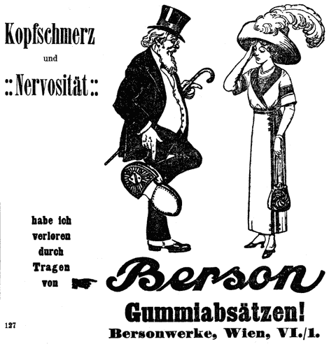 Mann in Anzug und Zylinder empfiehlt einer Frau Gummiabsätze von "Berson". Illustrierte Werbung.