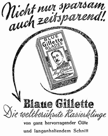 Eine Packung "Blue Gilette Blades", von einem offenen Kreis mit Pfeilspitze hervorgehoben. Illustrierte Werbung für "Blaue Gilette, die weltberühmte Rasierklinge".