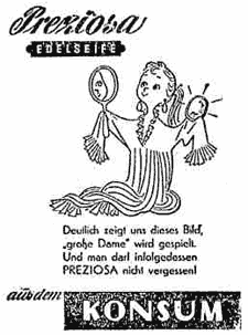Kind im Kleid der Mutter spielt erwachsene Frau. Illustrierte Werbung für "Preziosa Edelseife aus dem Konsum".