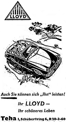 Eine fröhliche Gruppe von Menschen in einem offenen Wagen der Marke "LLOYD". Illustrierte Werbung.