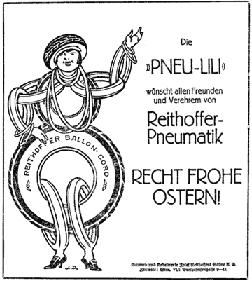 Die "Pneu-Lili", deren Körper aus Reifen zusammengesetzt ist, wirbt für "Reithoffer-Pneumatik".