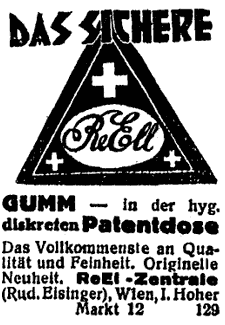Markenzeichen der "Reell" Kondome. Illustrierte Werbung.