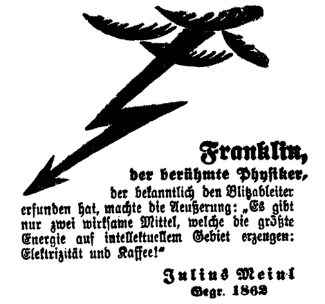 Stilisierte Wolken mit Blitz. Illustrierte Tetxtwerbung für "Julius Meinl Kaffee".