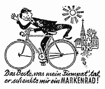 Bub in Anzug steigt freudestrahlend auf sein neues "Markenrad"! Illustrierte Werbung.