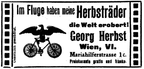 Adler, auf Rad sitzend, wirbt für "Herbsträder" von Georg Herbst, Wien VI.