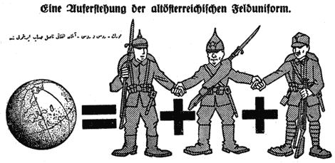 Illustration: 3 Soldaten in den Uniformen der Türkei, Rußlands und Deutschlands stehen Hand in Hand.