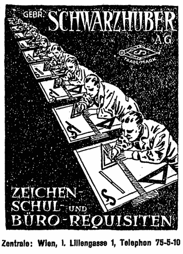 Zeichner sitzen in einer Reihe über ihre Zeichenbretter gebeugt. Illustrierte Werbung für "Gebrüder Schwarzhuber A.G., Wien I."